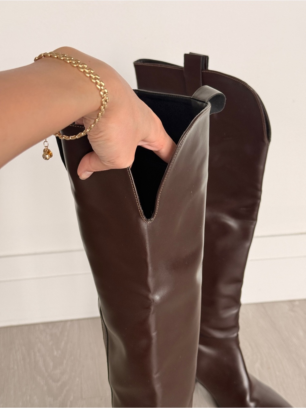 Brown Leather Knee-High Boots with Gold Toe Caps - Picture 4 of 6